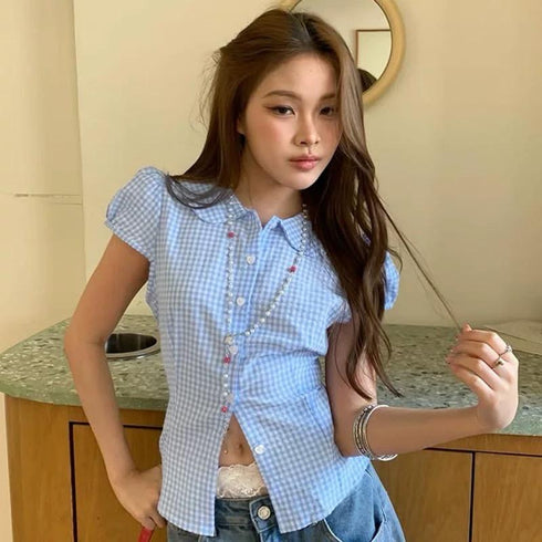Summer Short Puff Sleeves Peter Pan Collar Fitted Tops